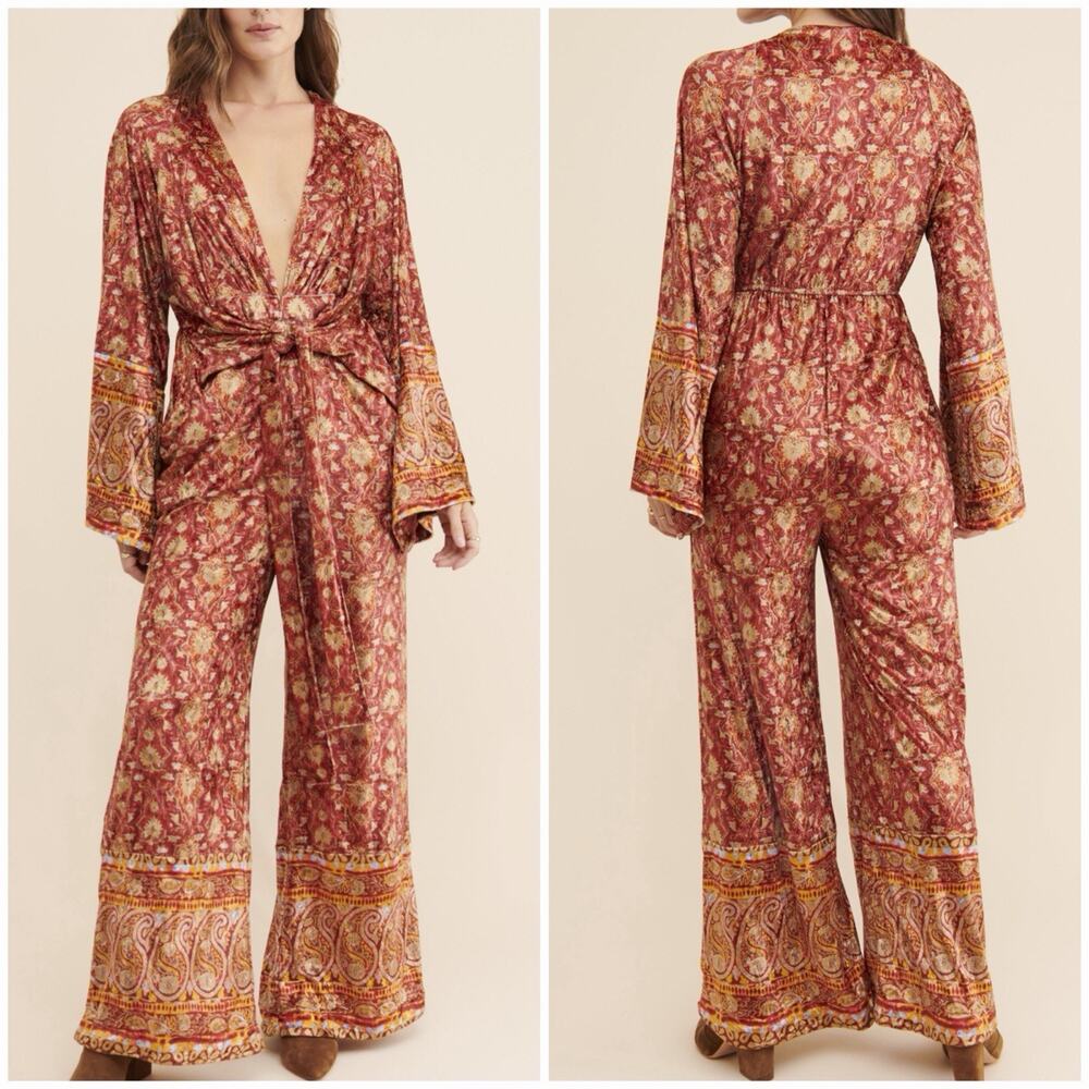 Free People M Velvet Paisley Jumpsuit Wide Leg Tie Front Bell Sleeve Boho